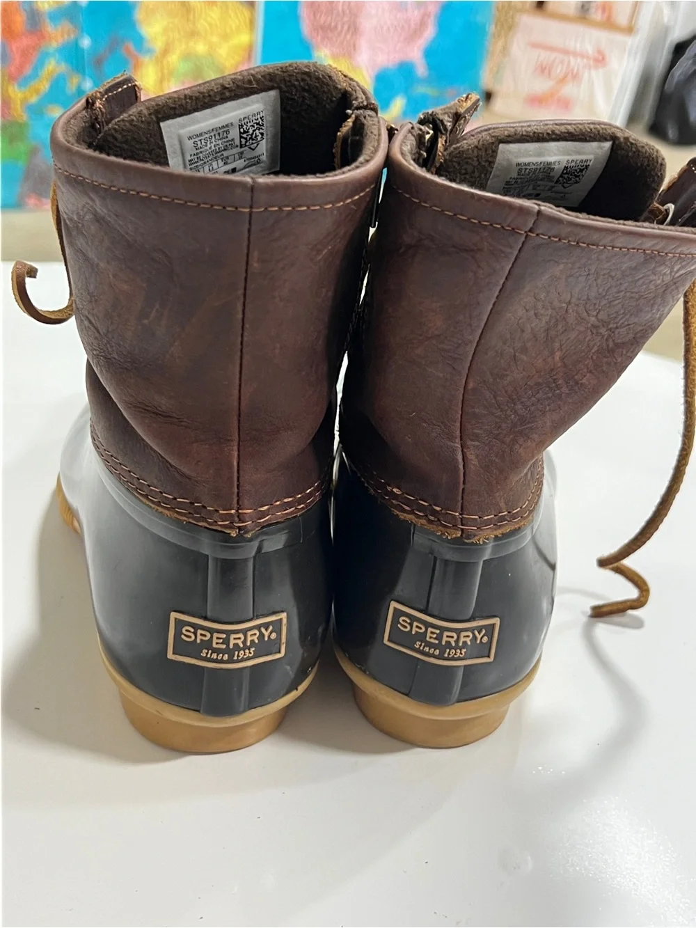 Sperry Womens Brown Leather Rubber Duck Boots with Tan Laces